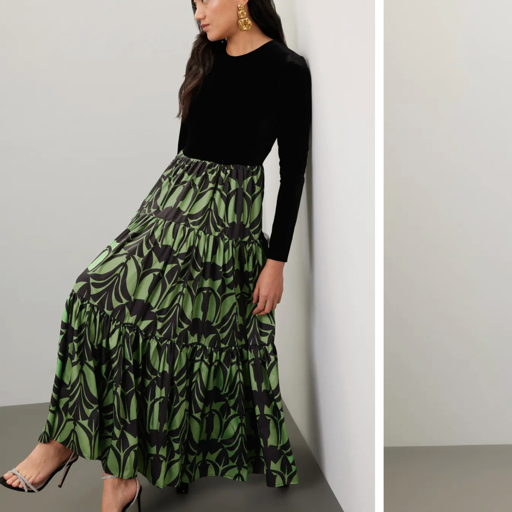 La DoubleJ Black Velvet Maxi Dress SMALL Long Sleeve Silk Tiered Ruffle $1150